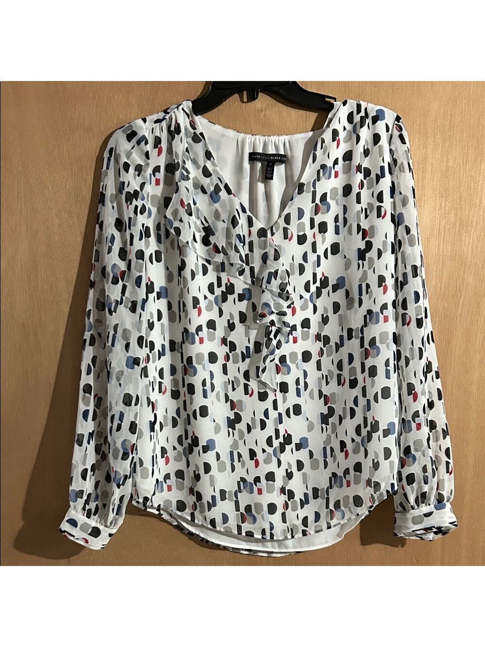 White House Black Market White V-Neck Blouse with Navy and Red Accents